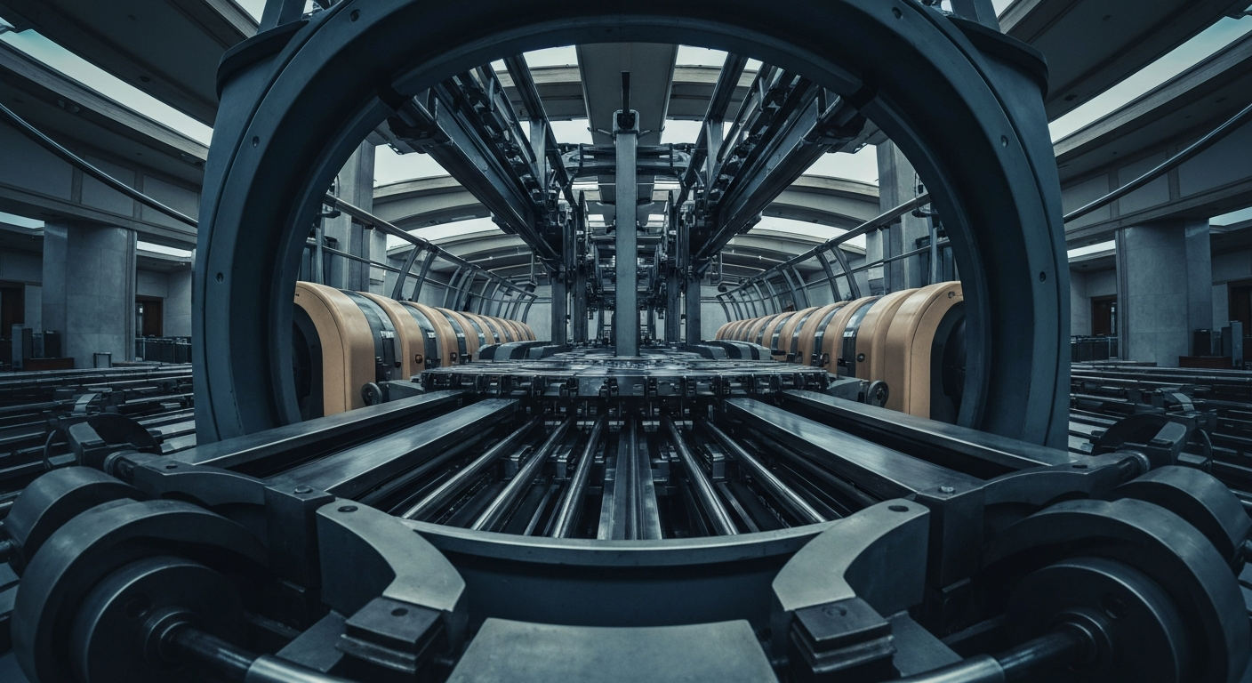 A highly detailed, black-and-white close-up image of the gears, circuits, and other industrial components that make up the complex financial infrastructure behind payroll and human resources management services, conveying the scale and sophistication of Automatic Data Processing's operations.