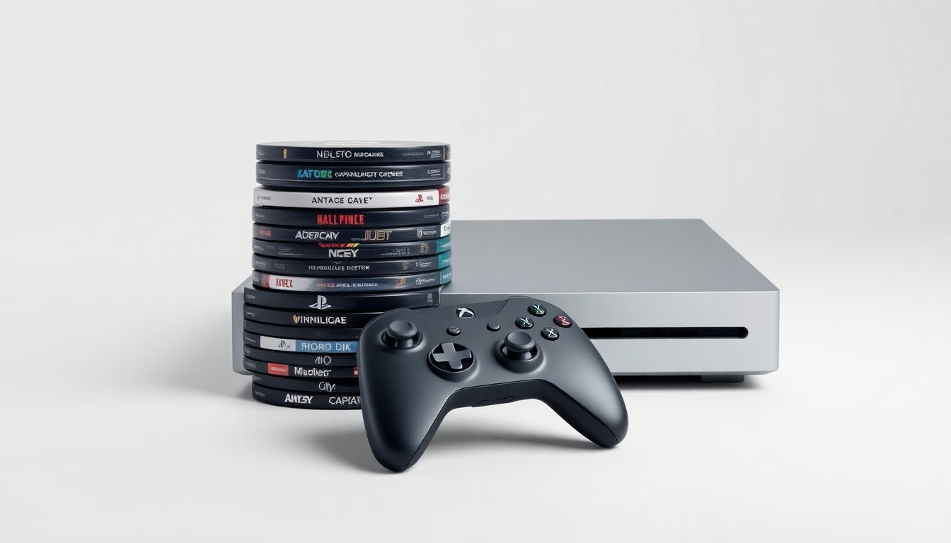 A photorealistic studio still life featuring a stack of video game discs, a game controller, and a sleek, metallic game console arranged on a clean, monochromatic background, conceptually representing the premium, polished nature of the video game industry.