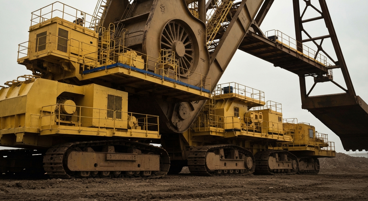 A dramatic, high-contrast close-up of heavy, rugged mining machinery and equipment, conveying the industrial might and physical scale of Newmont's gold mining operations.