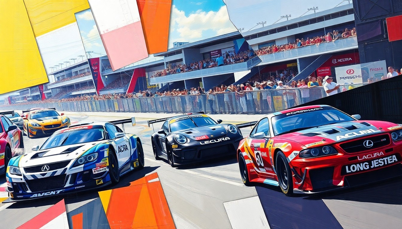 A cubist, geometric painting depicting the IMSA race cars in a fractured, multi-perspective style, with sharp planes of color representing the Acura, Porsche, and Lexus vehicles competing on the Long Beach circuit.