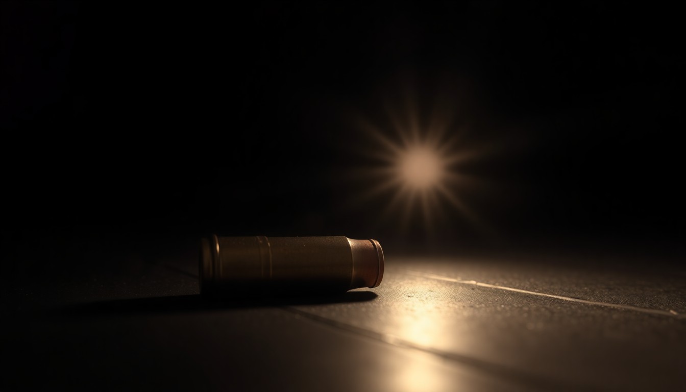 An extreme close-up photograph of a single spent shell casing on a dark surface, lit by a harsh camera flash, conceptually representing the evidence of a violent crime.