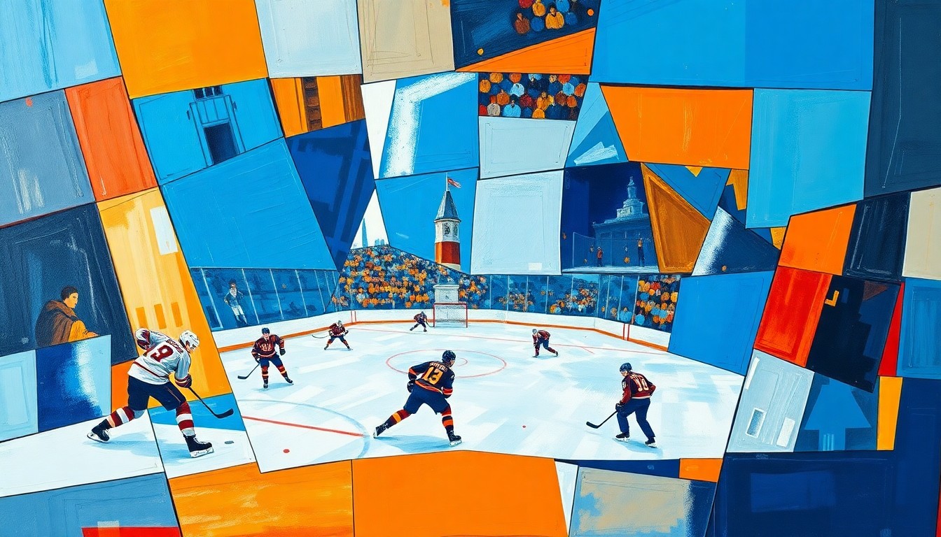 A cubist, geometric painting depicting the chaotic energy of a hockey game, with players and the puck fragmented into overlapping planes of color and shape.