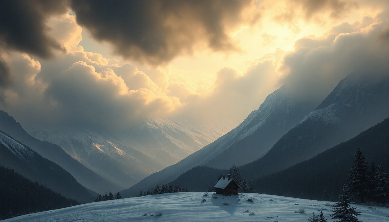 A vast, majestic landscape painting in muted tones of grey, blue, and white, with a small cabin nestled in the foreground dwarfed by the looming, atmospheric presence of an impending winter storm.