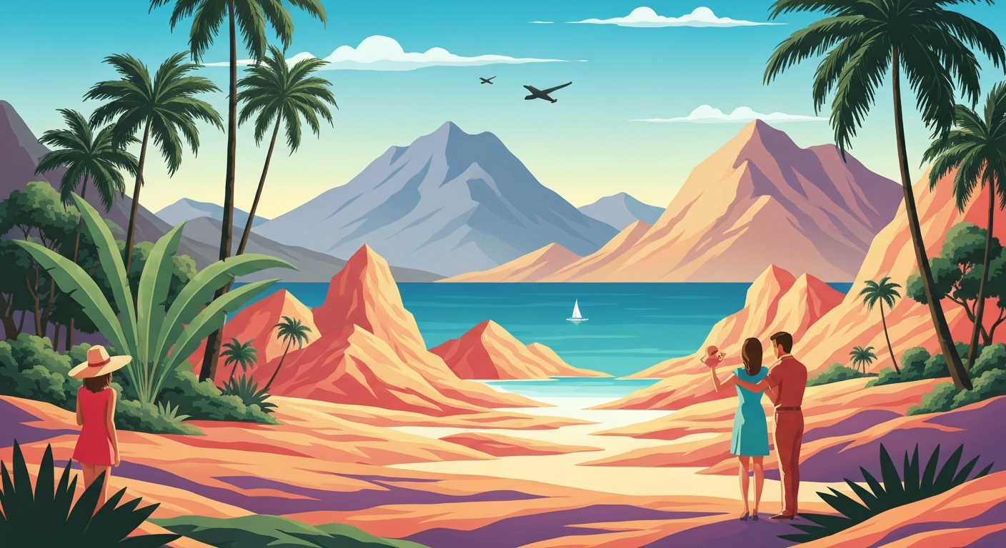 A highly stylized, geometric illustration in the Art Deco style, featuring sweeping tropical landscapes with towering palm trees and vibrant gradients of blue, green, and orange, conveying the grand scale and romance of family travel.
