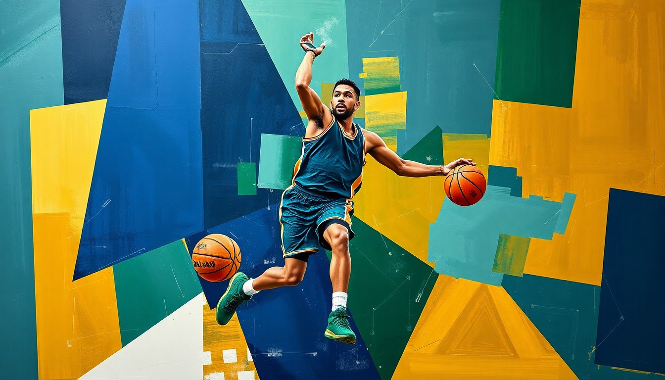 A cubist-style painting depicting a basketball player in motion, with their body broken down into sharp, overlapping geometric shapes in shades of navy, green, and gold.