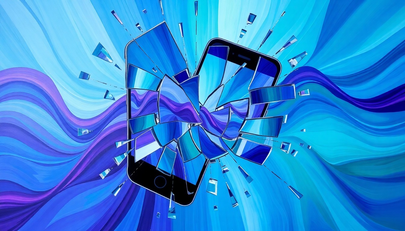 A dynamic, abstract painting of a smartphone screen breaking apart into overlapping, colorful geometric shapes, conceptually representing the fragmentation and risks of digital technology.