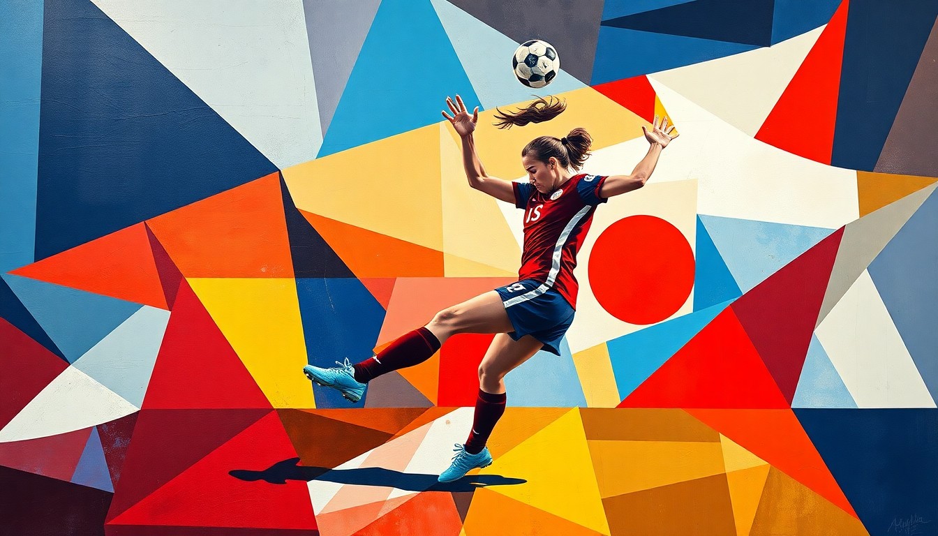 A cubist, geometric painting depicting a USWNT player scoring a goal, with sharp, overlapping planes of red, white, and blue colors representing the dynamic action on the field.
