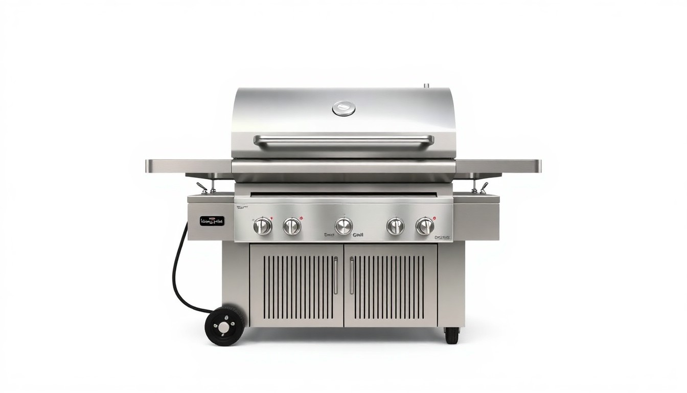A photorealistic studio still-life photograph featuring a gleaming stainless steel outdoor grill on a crisp white background, symbolizing the premium grill cleaning services Sparkle Grill provides to prepare luxury Hamptons properties for the influx of US Open attendees.