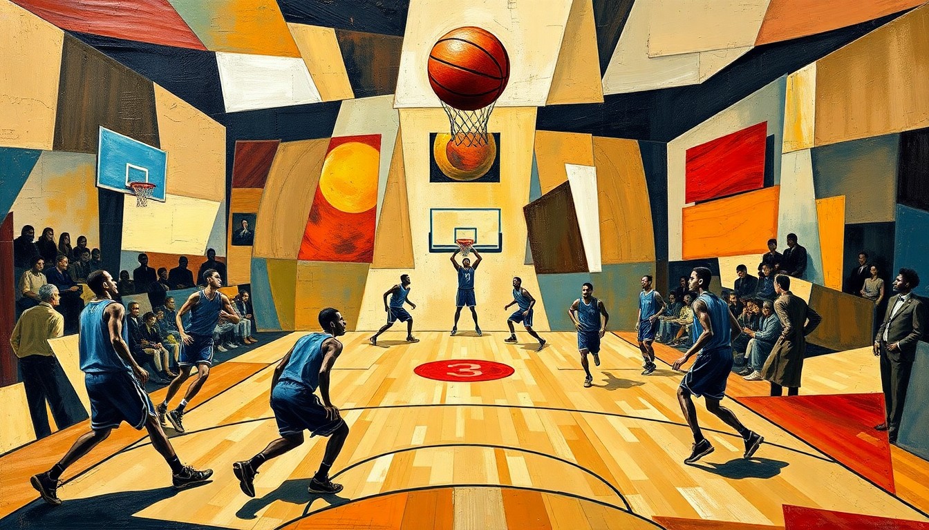 A cubist, geometric painting depicting a basketball game in motion, with the ball as the central focus and the players and court reduced to angular, abstracted forms.