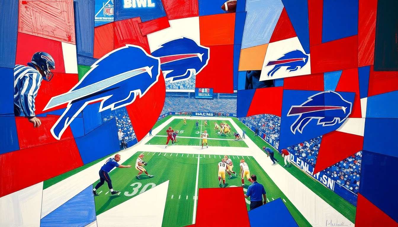A fragmented, geometric painting in shades of blue, red, and white, capturing the complex decisions facing the Buffalo Bills as they navigate the upcoming NFL Draft.