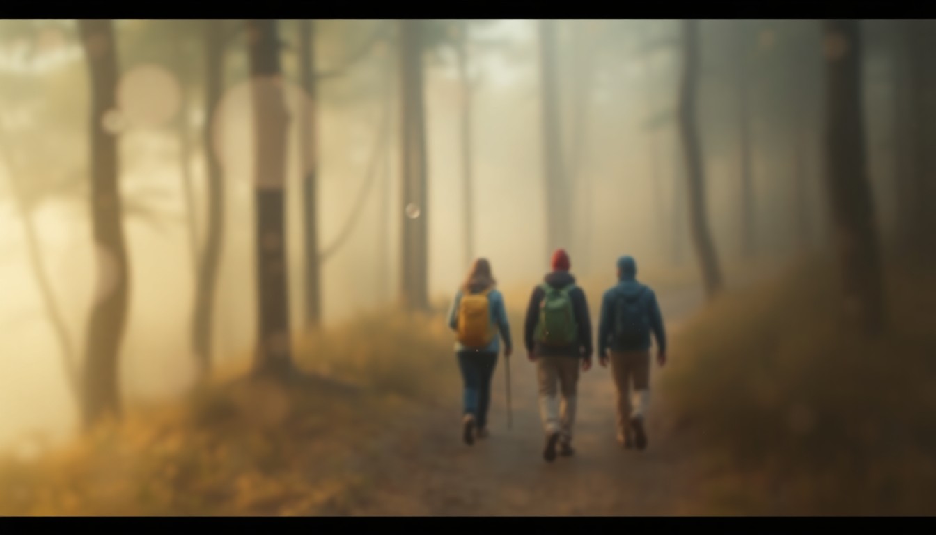 An abstract, impressionistic photograph showing the blurred silhouettes of hikers walking along a wooded trail, with soft, warm colors and gentle light creating a dreamlike, meditative atmosphere.