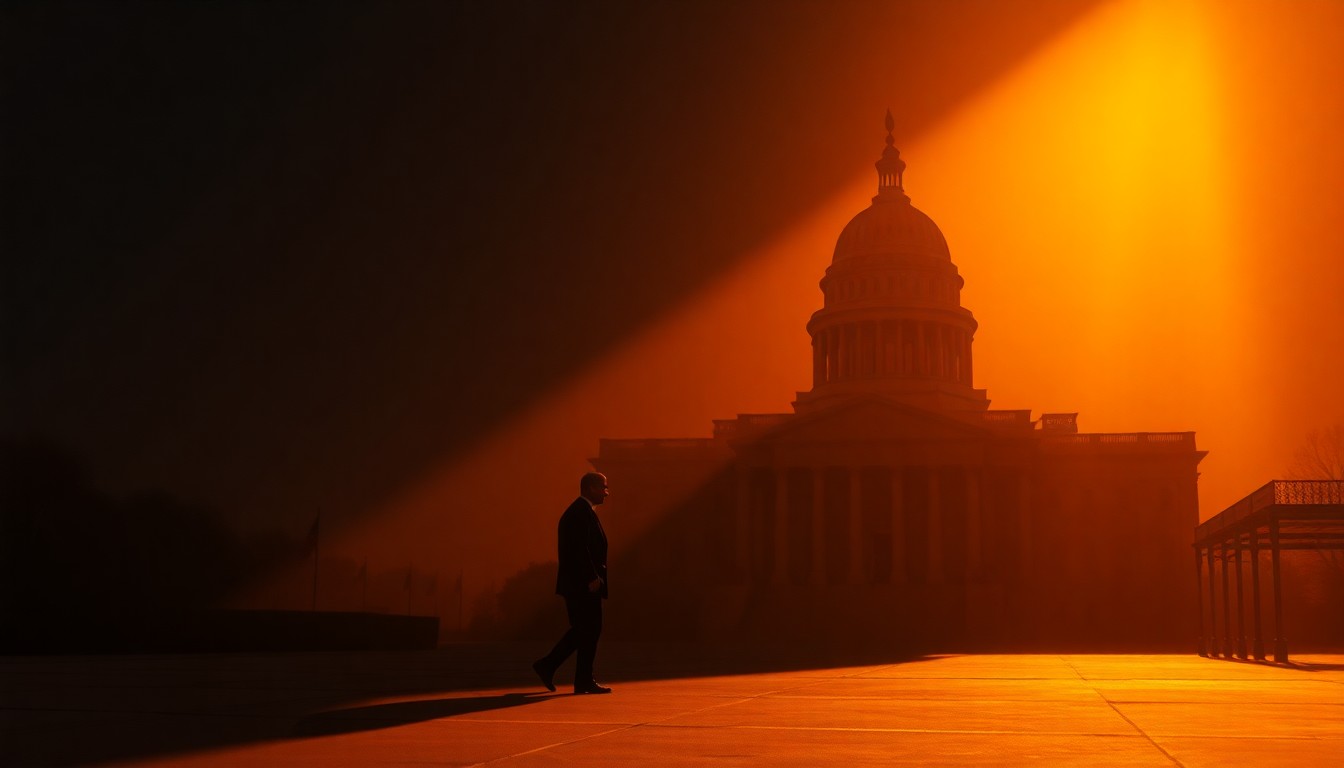 A dimly lit, cinematic painting of a government building or political figure, with warm sunlight streaming through the windows and deep shadows across the scene, creating a contemplative and nostalgic mood.