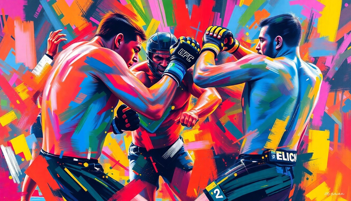 An abstract, neon-colored painting featuring blurred, dynamic figures engaged in an intense UFC bantamweight fight, conveying the high-energy action and physicality of the sport.