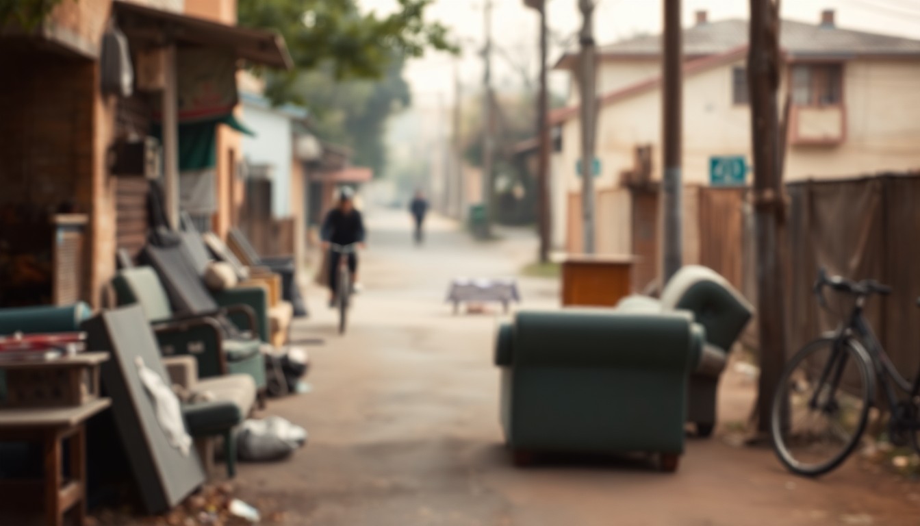 A softly blurred, impressionistic photograph in warm, earthy tones depicting a neighborhood street scene with discarded furniture, litter, and a faint silhouette of a person on a bicycle, conceptually representing the frustration and determination of a community member taking matters into their own hands.