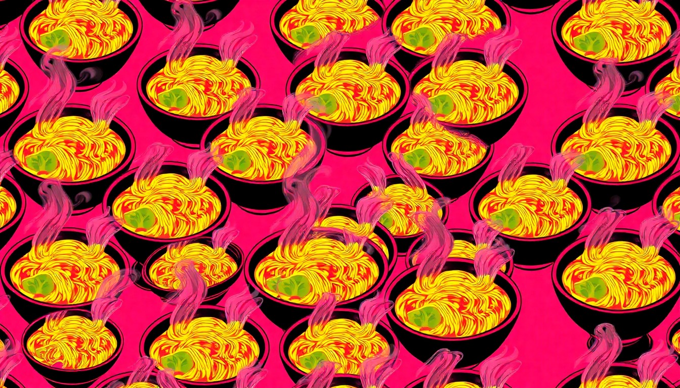 A bold, stylized grid of repeating images depicting a steaming bowl of Thai noodles, rendered in a high-contrast, silkscreen pop art style with vibrant neon colors and heavy black outlines, conceptually representing the consistent quality and popularity of Zapp Noodle Thai's menu.