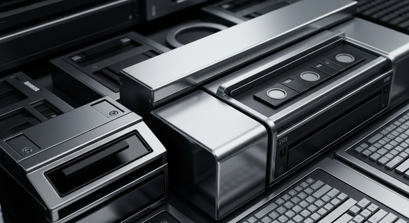 An extreme close-up of gleaming metal gears, circuits, and computer components, conveying the industrial might and technological prowess of the global financial system.