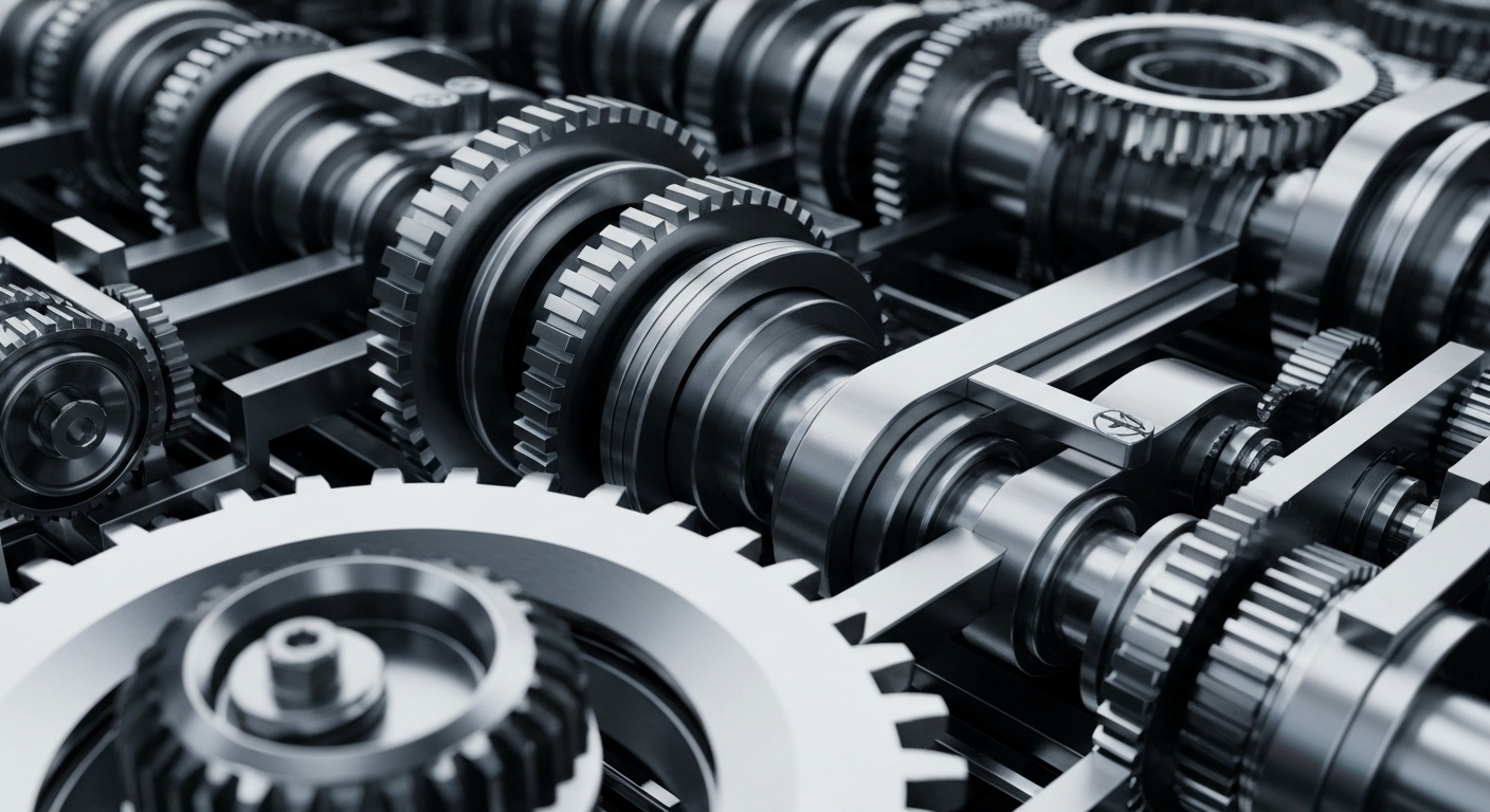 A highly detailed, cinematic close-up image of the complex inner workings of Qualcomm's wireless semiconductor technology, conveying the company's pivotal position in the industry through a visually striking, wordless representation of its technical prowess.