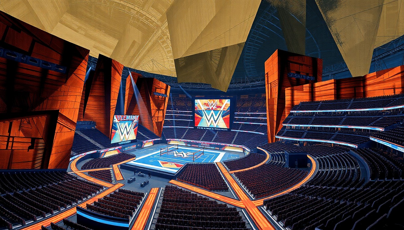 A fractured, cubist-style painting depicting the WrestleMania 42 stage at Allegiant Stadium in Las Vegas, with towering sandstone-like arches, LED-lit pathways, and a sense of energy and movement.