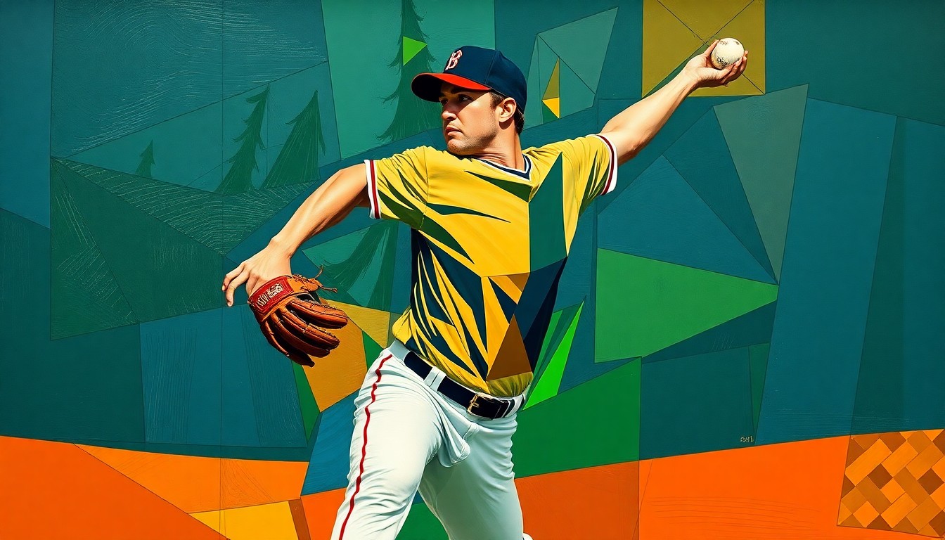A cubist, geometric painting depicting a baseball pitcher's delivery motion broken down into sharp, overlapping planes of navy blue, forest green, and burnt orange, conveying the fractured, multi-perspective nature of the sport.