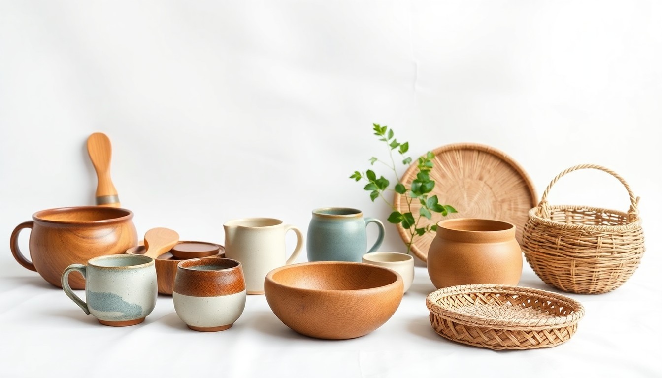 A high-end, photorealistic studio still-life photograph featuring a collection of handcrafted ceramic mugs, wooden bowls, and woven baskets arranged elegantly on a clean, white seamless background, conceptually representing the diverse range of locally-made products that were sold at the Painted Tree Boutique locations.