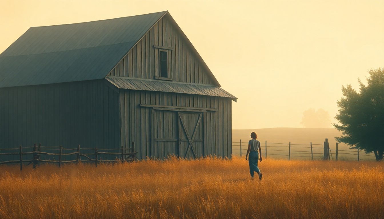 An extremely abstracted, out-of-focus photograph in soft, warm tones depicting a pastoral farm scene, representing the quiet, peaceful life of a longtime farmer's wife.