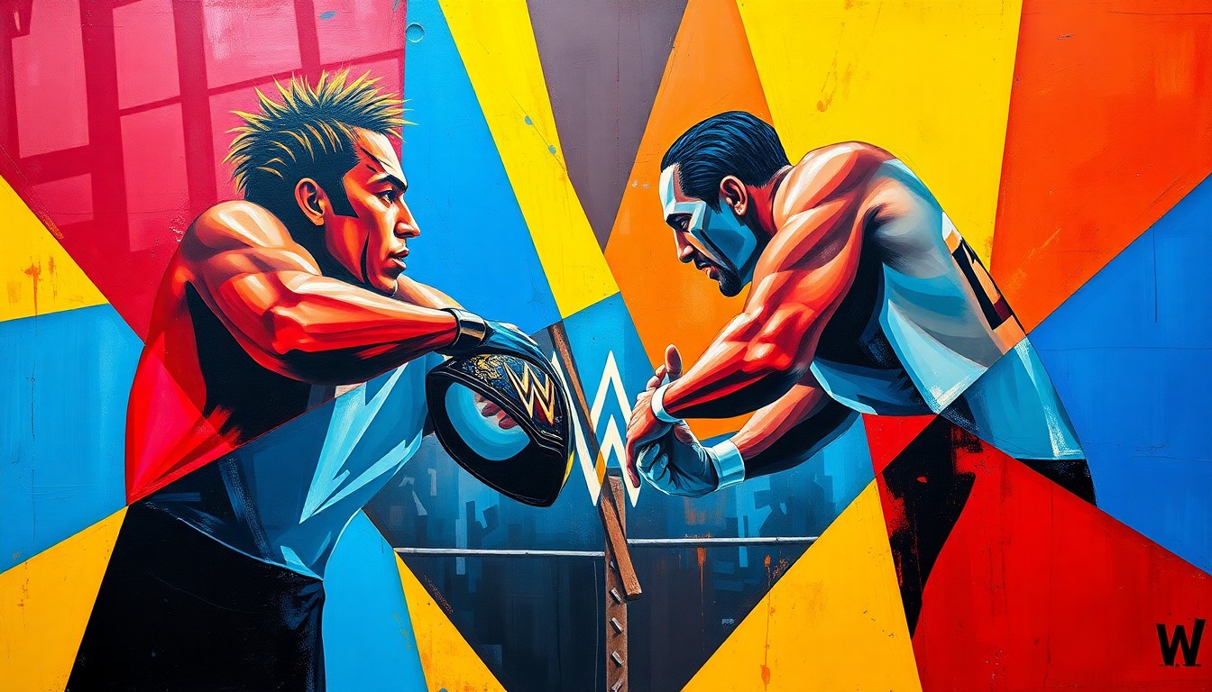 A fragmented, multi-angled painting in bold, clashing colors depicting the chaotic action of a professional wrestling match, conceptually representing the excitement and spectacle of WrestleMania.