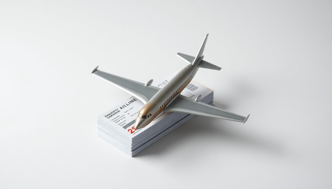 A photorealistic studio still life featuring a metallic model airplane and a stack of airline tickets floating on a clean, monochromatic background, conceptually representing the abstract issues of industry consolidation and consumer choice in the airline sector.