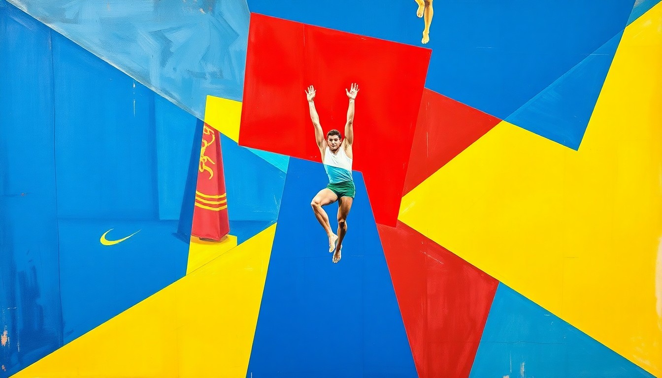A cubist, geometric painting depicting a men's gymnastics competition, with overlapping planes of vibrant blue, red, and yellow colors representing the dynamic movements and competition.