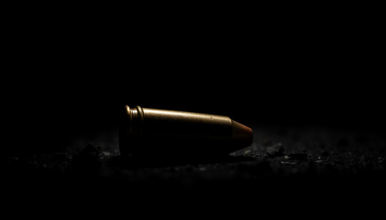 An extreme close-up photograph of a single spent shell casing on the ground, lit by a harsh camera flash against a pitch-black background, conveying the gritty, investigative nature of the crime scene.