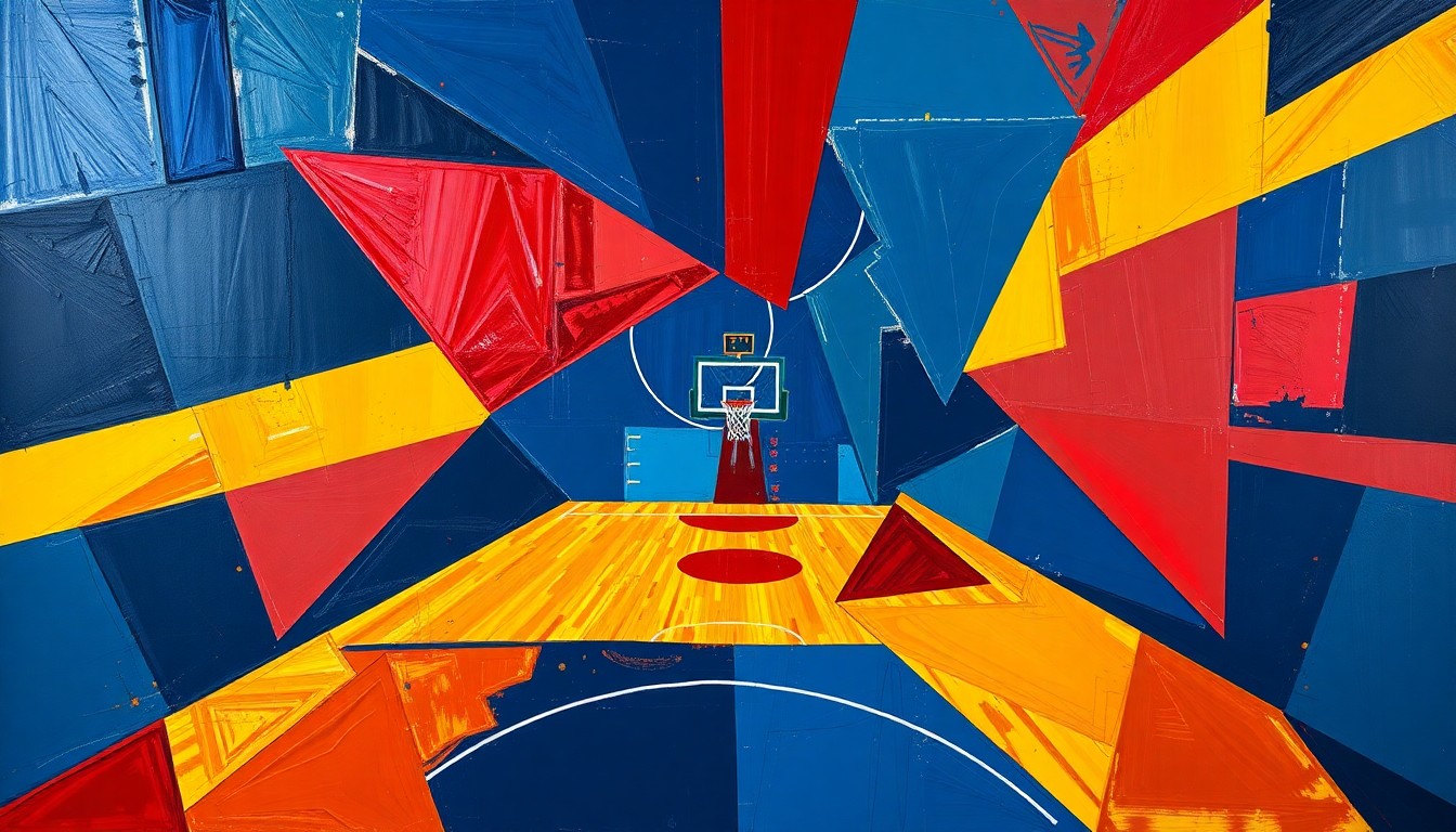 A cubist, geometric painting depicting a fragmented basketball game or match, with sharp planes of navy, crimson, and gold representing the sport's raw energy and competitive spirit.
