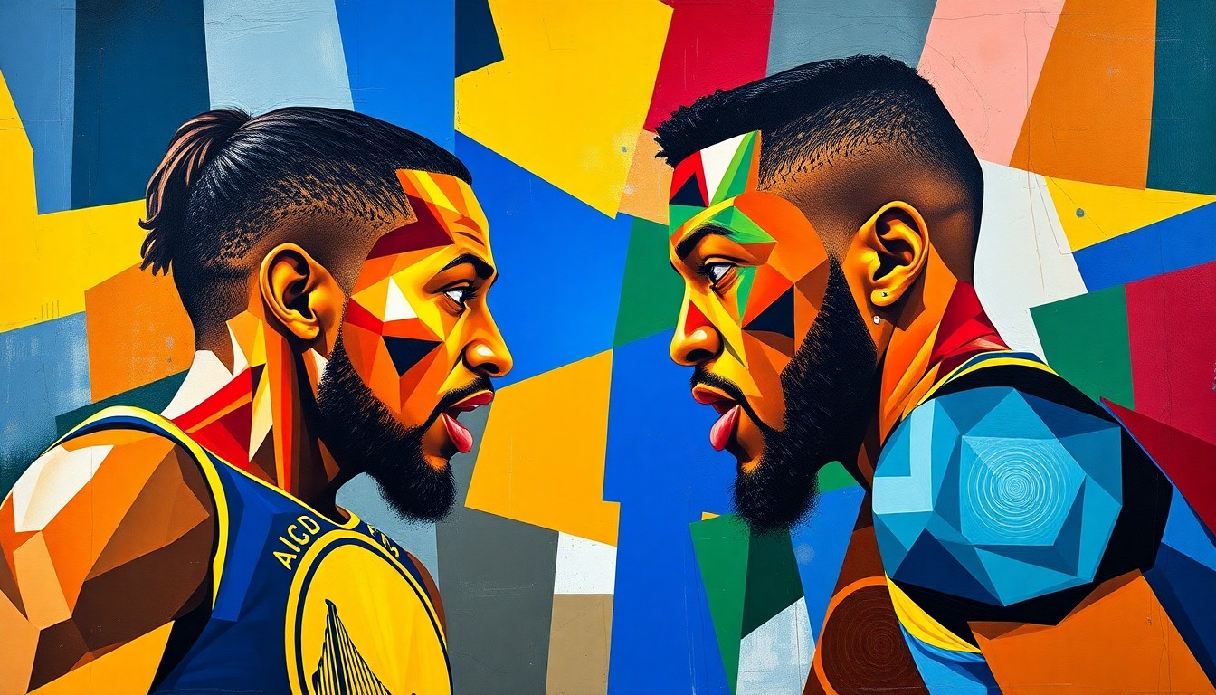 A cubist, geometric painting depicting the confrontation between two basketball players in overlapping planes of bright team colors, capturing the raw energy and emotion of the moment.