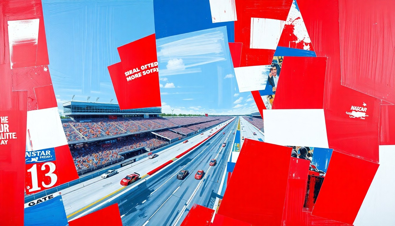 A fragmented, abstract painting featuring sharp geometric shapes and planes of bright red, white, and blue, conceptually representing the fast-paced excitement and spectacle of a NASCAR race at Charlotte Motor Speedway.
