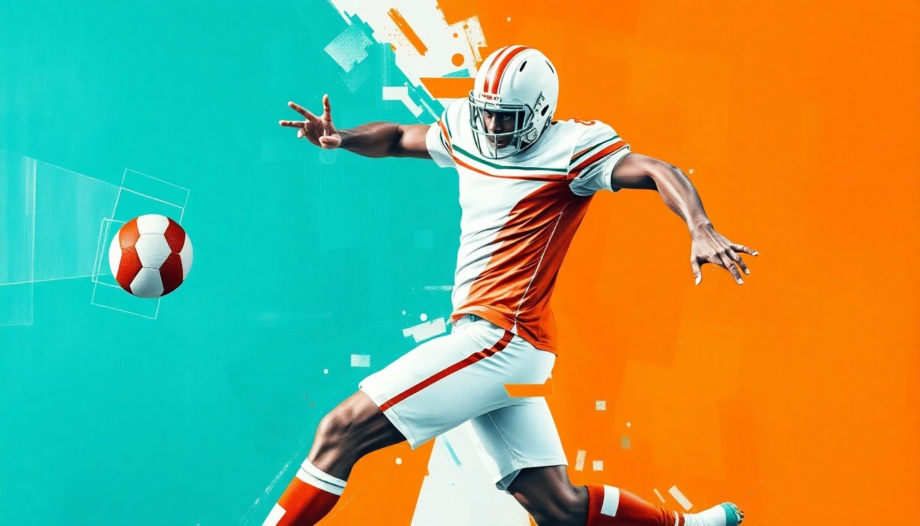 A cubist, geometric painting depicting a football player in motion, broken down into sharp, overlapping planes of teal, orange, and white, conveying the energy and intensity of the NFL draft process.