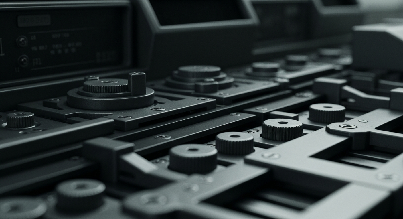 An extreme close-up of complex, metallic banking machinery and equipment, conveying a sense of institutional financial power and security through a highly textured, industrial visual style.