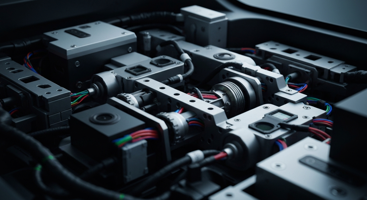 An extreme close-up of the intricate inner workings of a Tesla Cybercab autonomous vehicle, with a focus on the complex sensors, wiring, and mechanical components that enable its self-driving capabilities, conveying a sense of the technological sophistication behind Tesla's robotaxi ambitions.