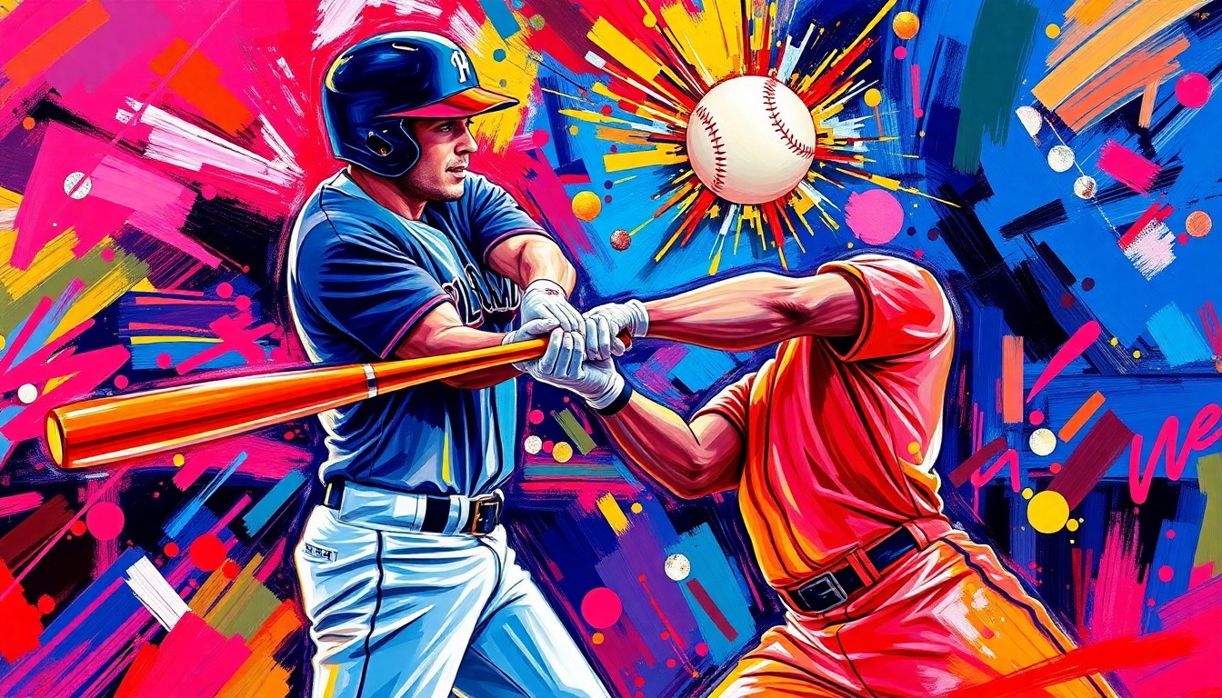 An abstract, energetic painting in neon colors depicting the powerful swing and explosive impact of a baseball leaving the bat during a grand slam home run, capturing the raw athleticism and momentum of the play.