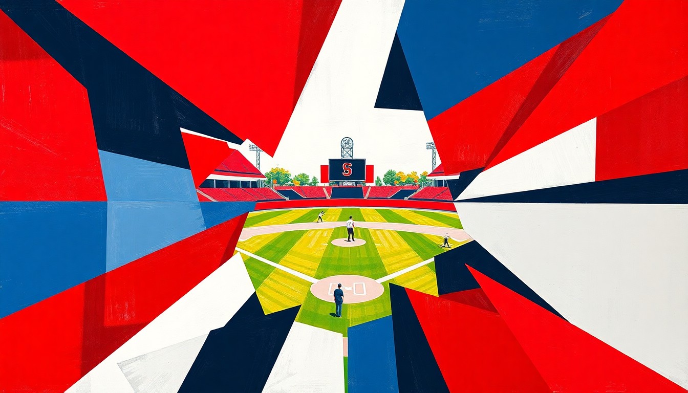 A cubist, geometric illustration depicting the dynamic action of a softball game, with overlapping planes of bright red, navy blue, and white capturing the energy and intensity of the Stanford Cardinal's victory.