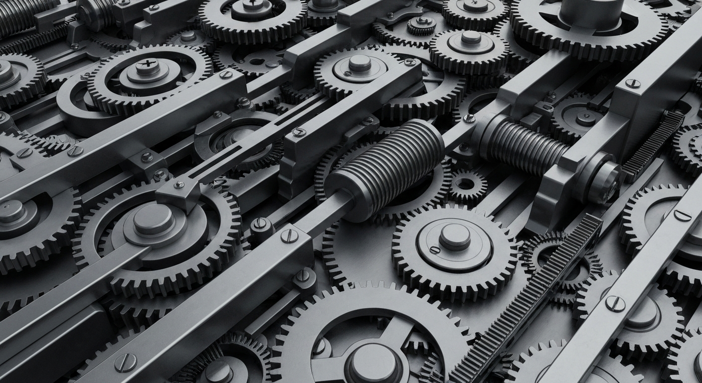 A cinematic close-up of a complex network of metal gears, cogs, and levers in shades of steel gray and gunmetal, representing the inner workings of a financial system.
