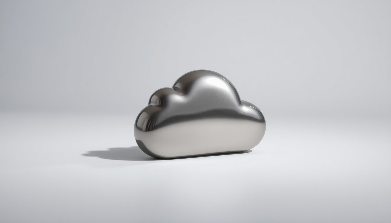 A photorealistic studio still-life image featuring a polished metal sculpture in the shape of a cloud, symbolizing the abstract concept of cloud storage and collaboration.
