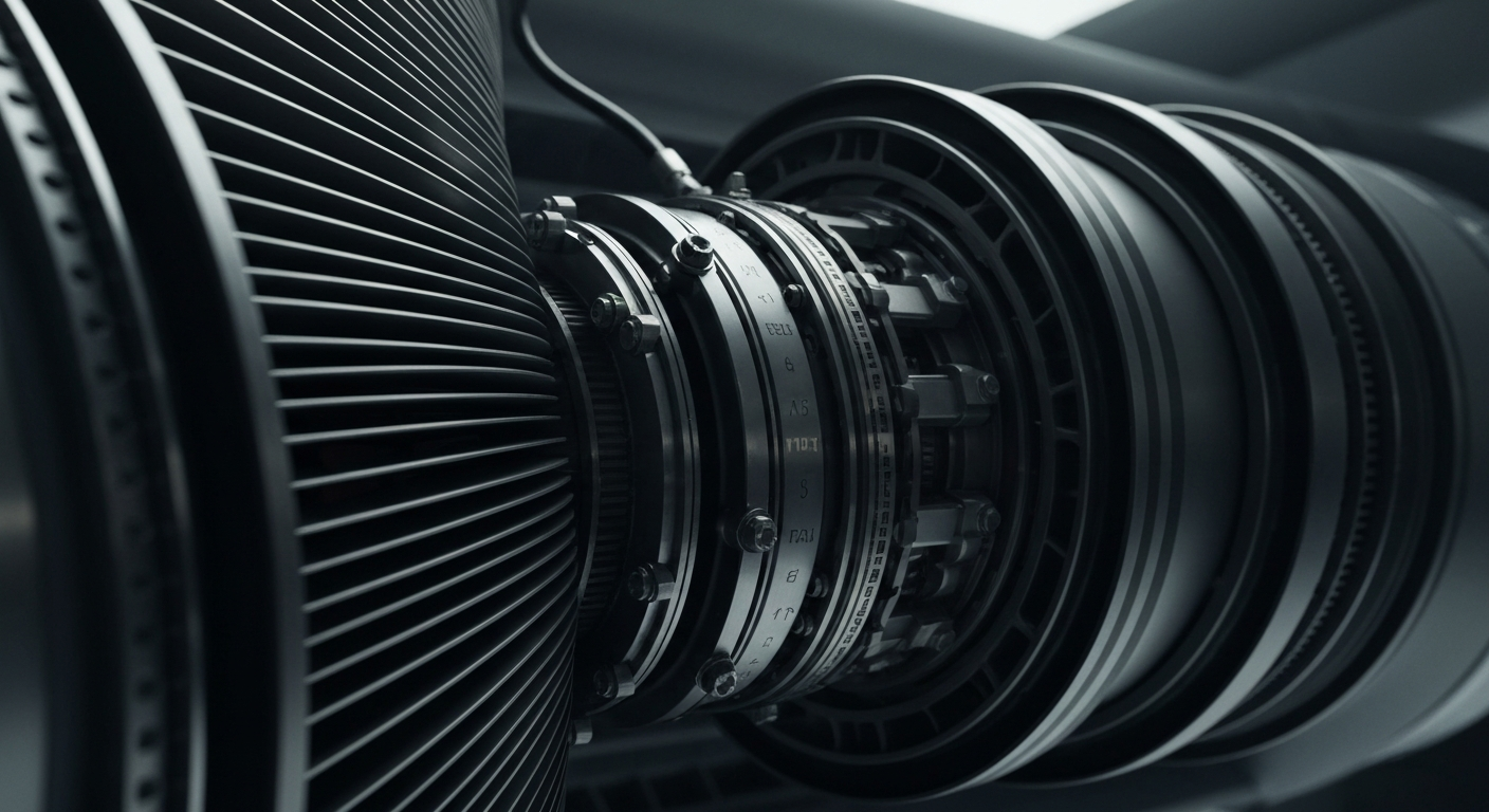 An extreme close-up of the gears, wires, and metal components of an electric aircraft engine, conveying the technical sophistication and industrial might behind Surf Air Mobility's transportation technology.