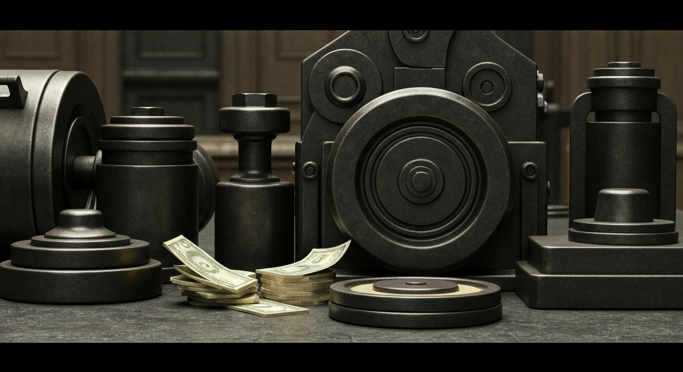 An extreme close-up of intricate, industrial banking machinery and equipment, conveying a sense of financial security and institutional wealth without depicting any literal currency or symbols.