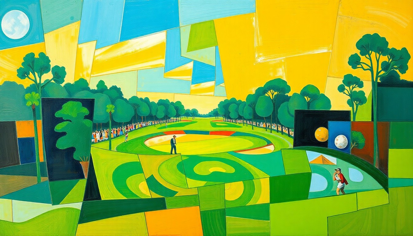 A cubist, geometric painting depicting a fragmented golf tournament scene, with sharp, overlapping planes of color representing the dynamic action and competitive energy of the sport.
