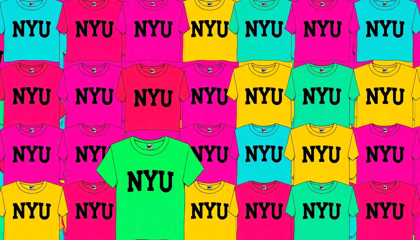 A high-contrast, silkscreen-style illustration featuring a repeated pattern of a single NYU-branded clothing item in a grid of bright, unnatural colors without any text or labels.
