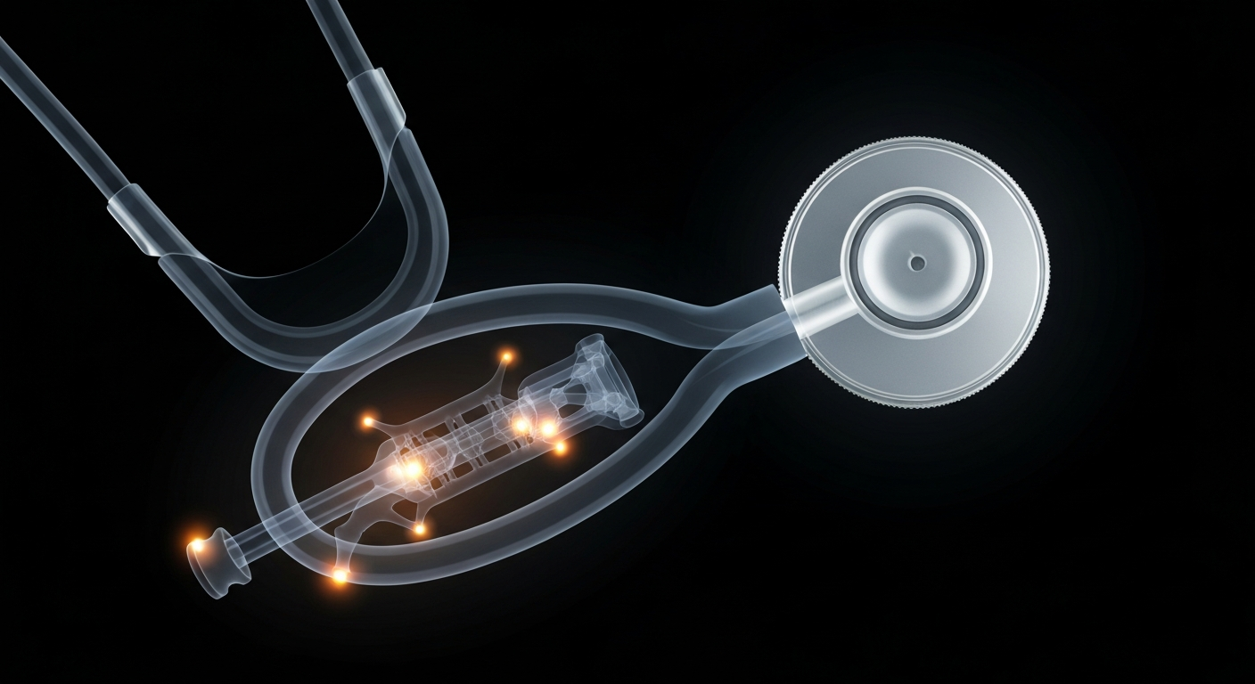 A translucent X-ray photograph revealing the intricate internal structure of a stethoscope, with ghostly lines and glowing elements symbolizing the complex relationship between medical professionals and the public.