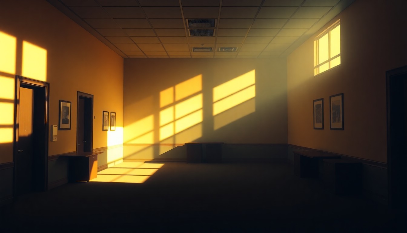 A dimly lit, cinematic government office interior with warm sunlight streaming through the windows, casting deep shadows across an empty desk and chair, conveying a sense of unease and uncertainty.