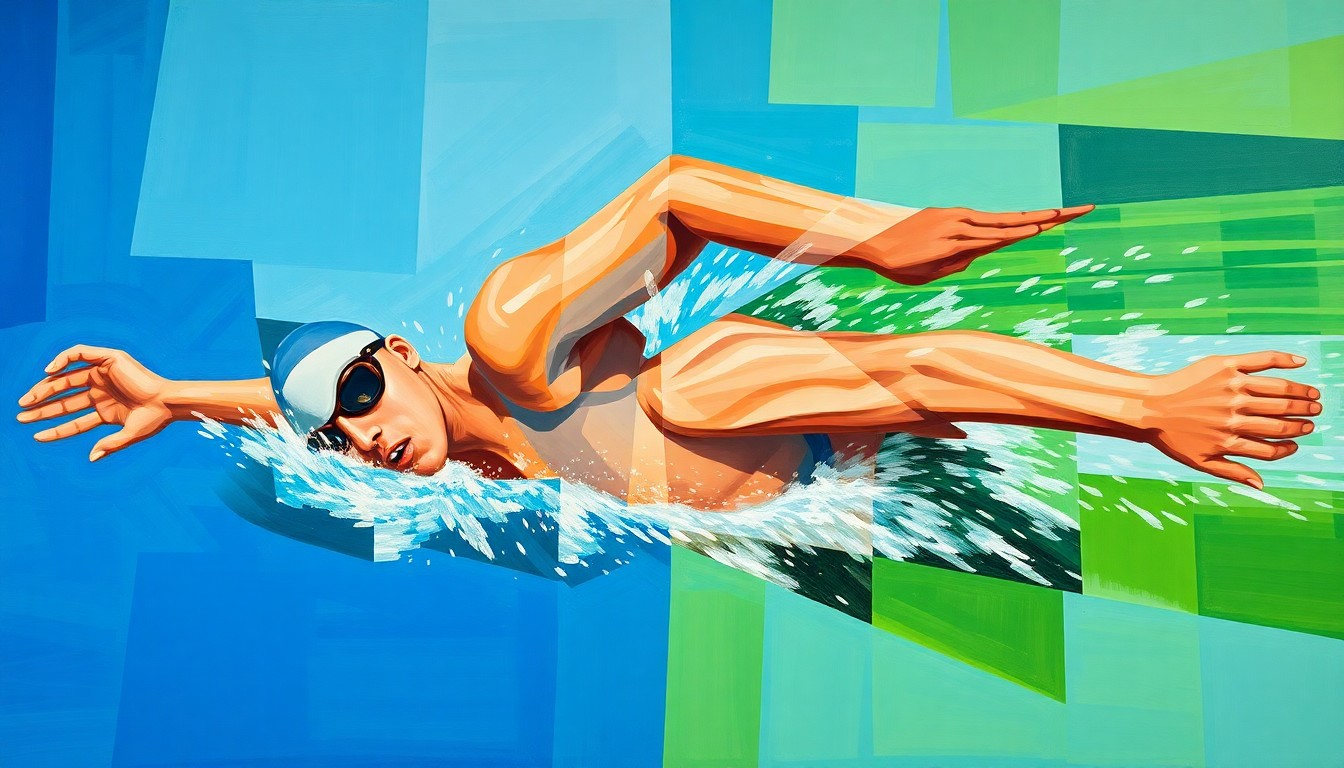 A fractured, geometric painting depicting a swimmer's breaststroke motion, with sharp planes of vibrant blues, greens, and reds overlapping to create a dynamic, abstract composition.