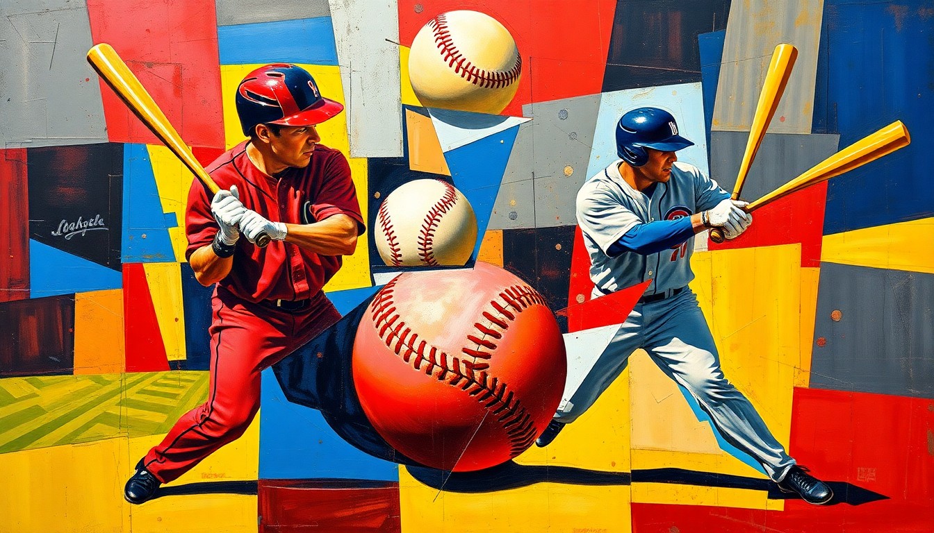 A fractured, multi-angled painting depicting the silhouettes of baseball players, bats, and baseballs in a vibrant color palette, conveying the raw energy and statistical dominance of the featured hitters.