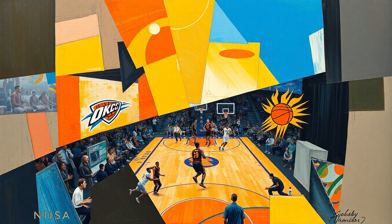A cubist-style painting depicting a basketball game in sharp, overlapping geometric shapes and planes, capturing the dynamic action and energy of the Thunder-Suns playoff matchup.