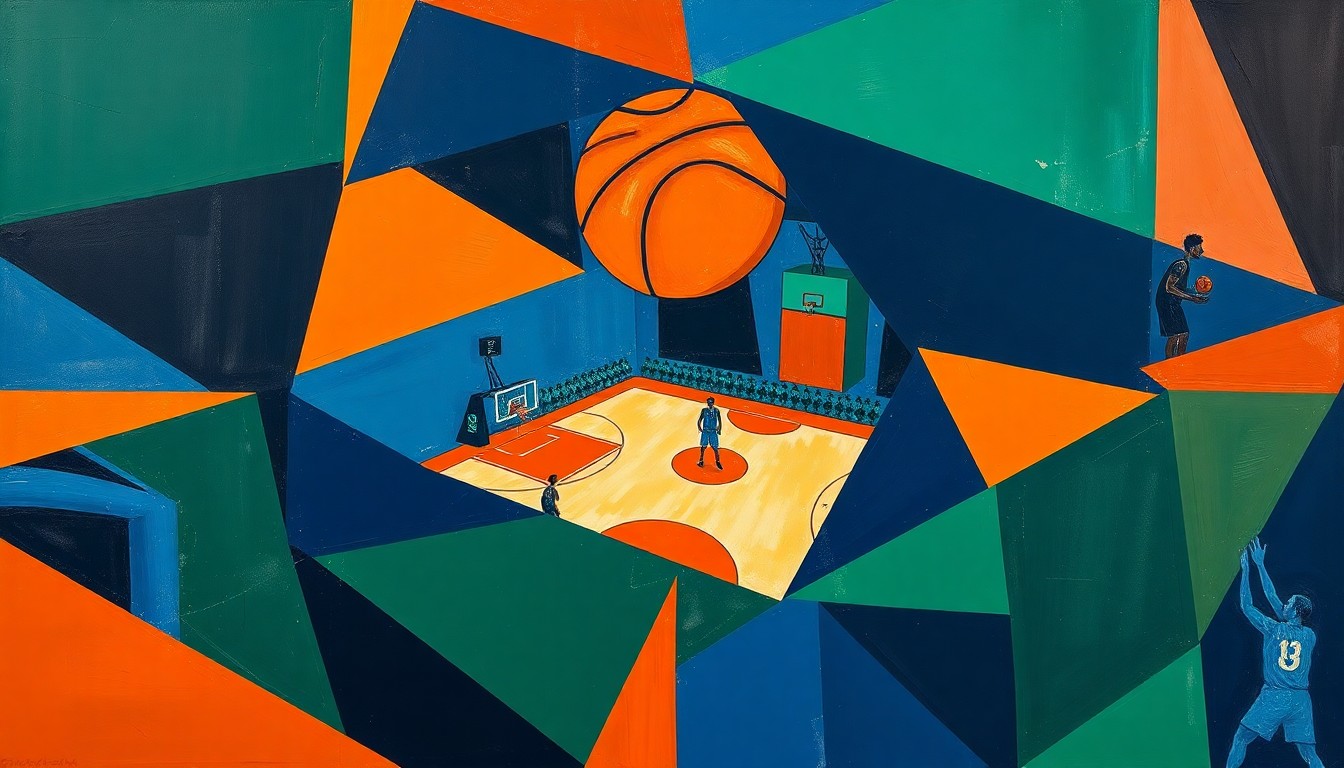 A cubist, geometric painting depicting a basketball game broken down into overlapping planes of navy, green, and orange, conveying the intensity and complexity of the playoffs.