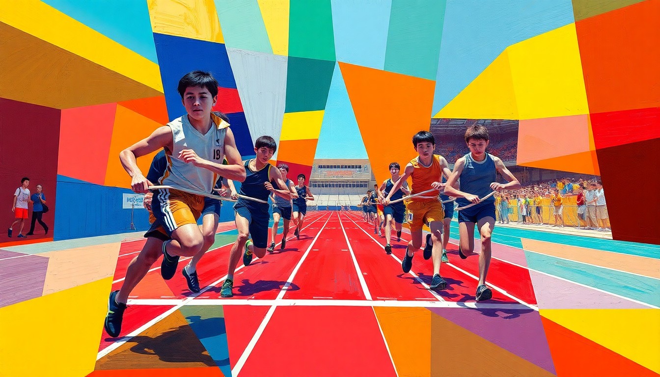A fragmented, geometric painting in bold primary colors depicting the dynamic movements and competition of a high school track and field event.
